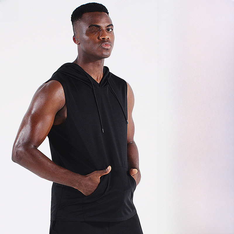 Athletic Men's Hooded Loose Fitness Hiking Top Solid Color Sleeveless Backless Quick-Drying Mesh Basketball Running Breathable Shirt