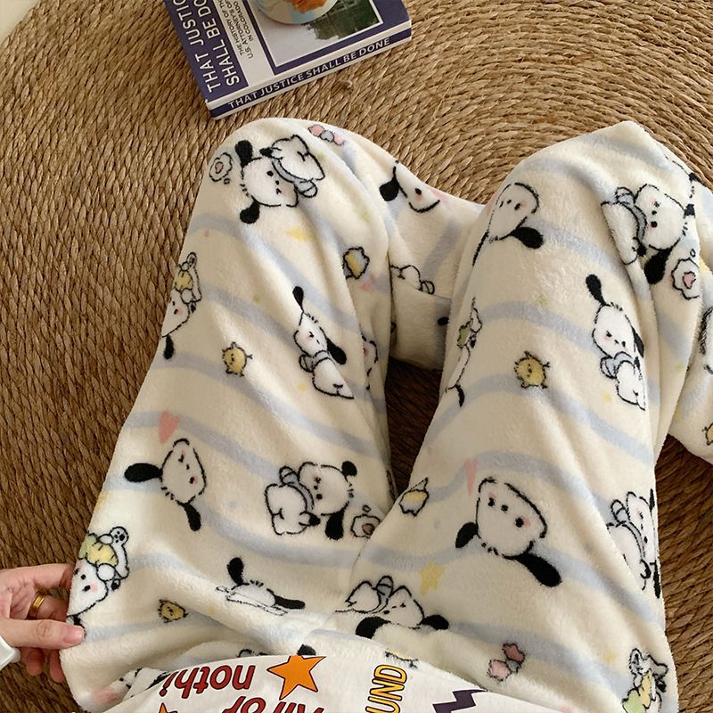 Pantalones de pijama de franela de dibujos animados de otoño y invierno para mujeres con pantalones de lana de coral caliente para estudiantes de lana de invierno para el hogar