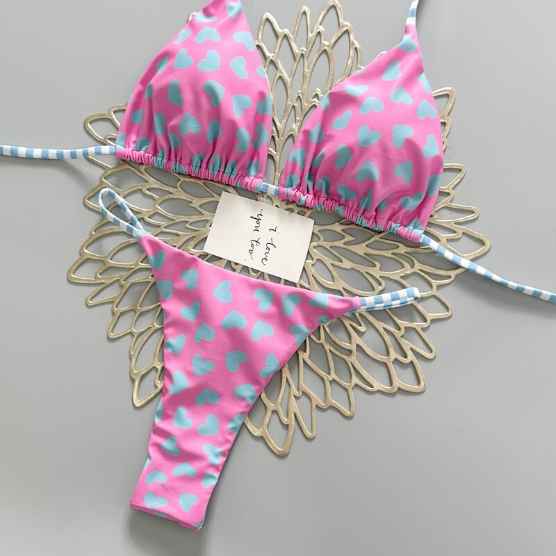 2026 Cross-Border Exclusive Hot Girl Style Pink and Blue Heart Print Bikini Tie-Up Triangle Cup Thong Two-Piece Swimsuit