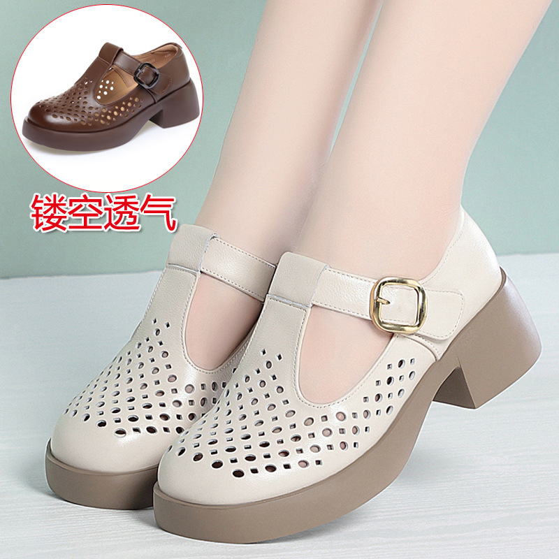 Sandal nữ đế dày gót thô da thật quai dán mũi tròn phong cách hè — Nâu【Kiểu lỗ】
