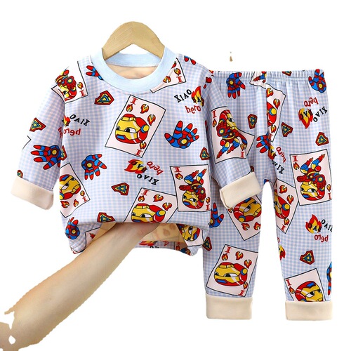 Children's warm innerwear set for boys and girls, middle and young children, with added padding and thickness, autumn tops and bottoms, baby sleepwear for infants and young children.