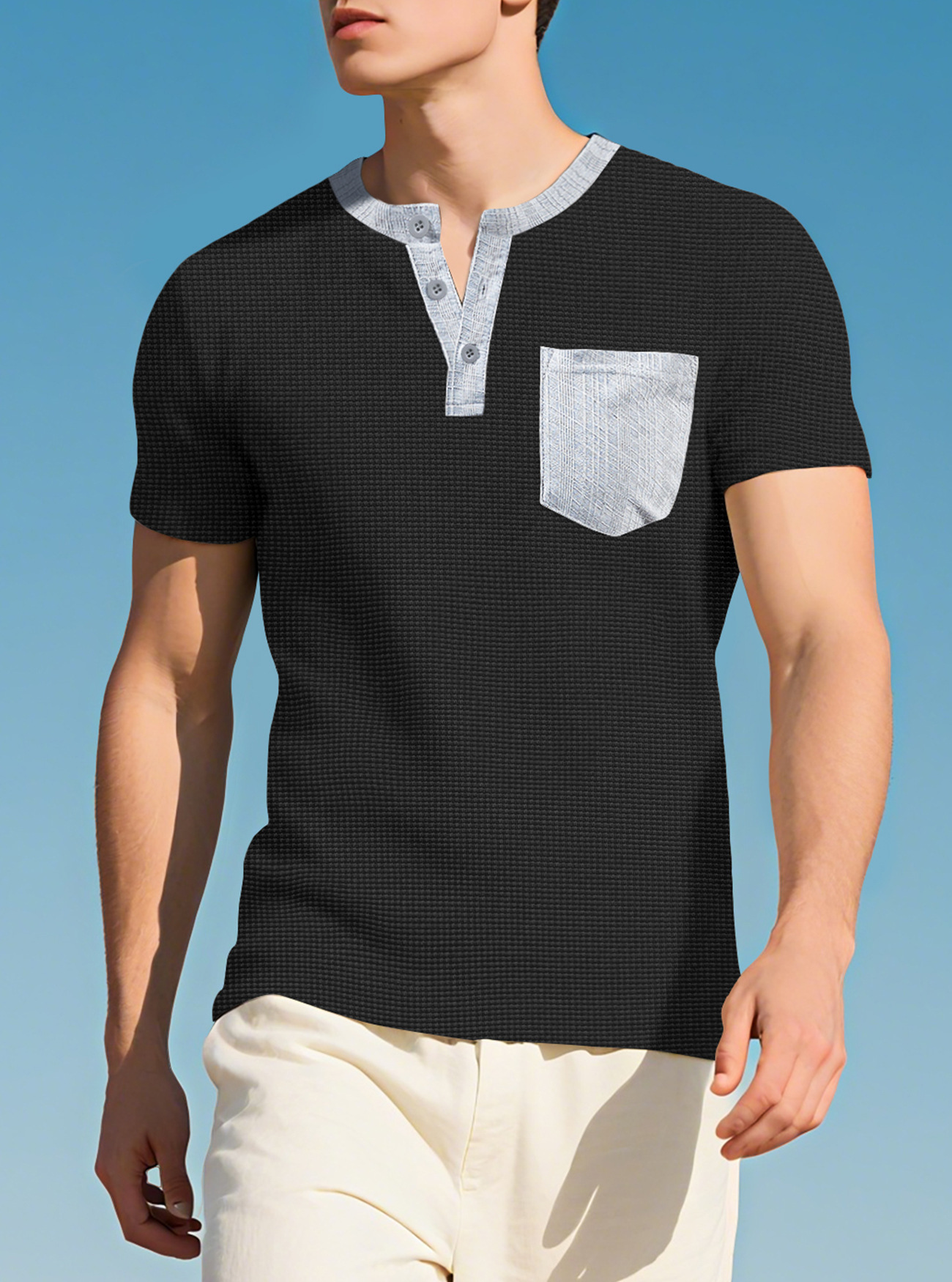 Europa y América hombres cuello redondo manga larga bolsillo de color contrastante camiseta de Henry comercio exterior transfronterizo camiseta casual americana top hombre
