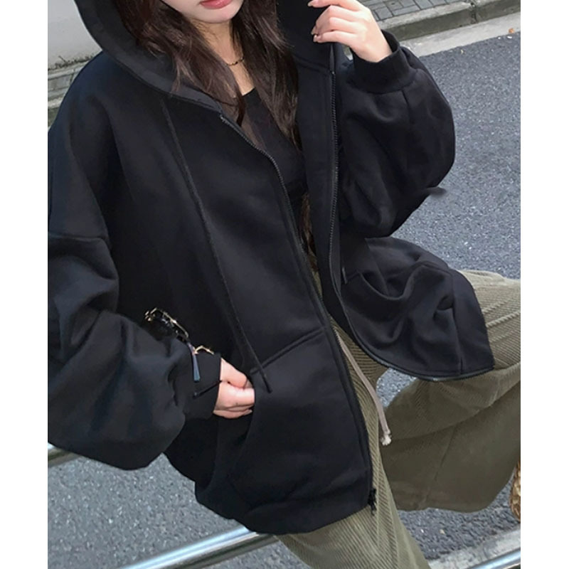 黑色连帽拉链卫衣外套女冬季加绒加厚慵懒风休闲宽松上衣2025秋季|undefined