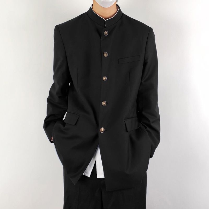 Men's white long-sleeved shirt + serge black trousers + men's black tunic suit