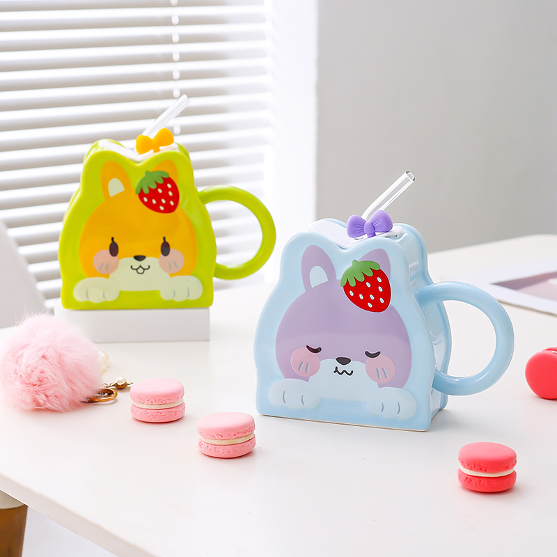 Taza de paja de cerámica creativa de dibujos animados lindo conejo taza Rosa chica corazón gran capacidad pareja taza de agua