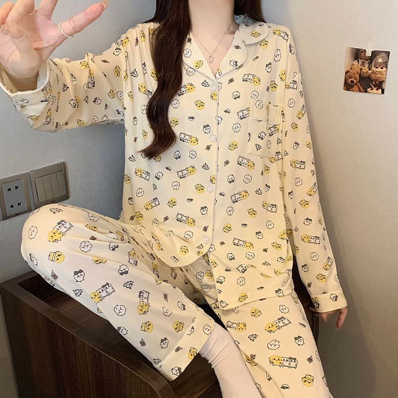 Al por mayor transfronterizo nuevo primavera y otoño pantalones de manga larga pijamas cardigans con ropa casualizada de algodón de dibujos animados