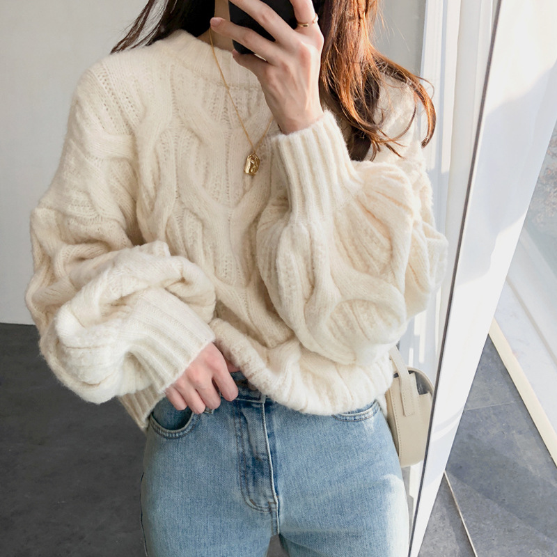 Suéter de las mujeres linterna manga giro desgaste exterior perezoso estilo Otoño y ropa de invierno 2023 nuevo estilo coreano suéter grueso Suelto