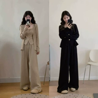 大码女装胖mm时尚气质温柔开衫+修身抹胸+阔腿裤三件套