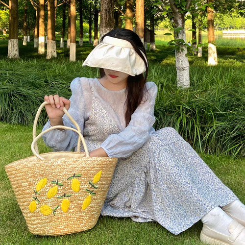 Summer large-capacity lemon embroidered beach bag hand-woven bag shoulder bucket bag women's wheat braided straw bag