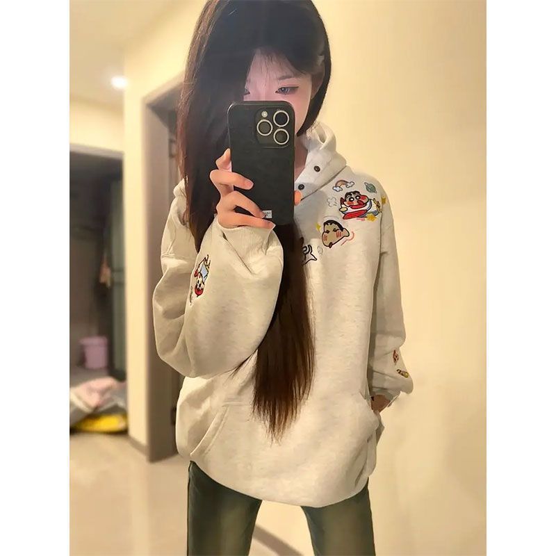 甜美韩系重工蜡笔小新连帽卫衣女2025秋冬新款慵懒宽松加绒上衣|undefined