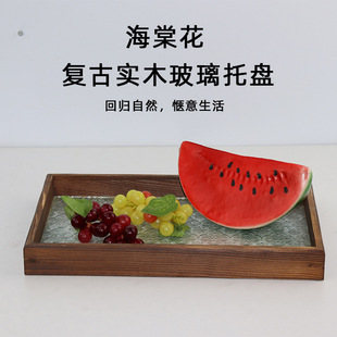 Begonia flower glass tray vintage tea tray solid wood fruit plate display wooden tray rectangular coffee dessert home