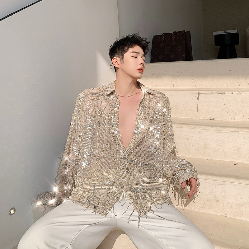 New Nightclub Sequin Sequin Shirt Men's Heavy Craft Fringed Shirt H1022 5105 Sequin Shirt