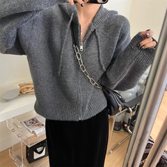 KANING韩系设计感拉链连帽针织开衫女秋新款宽松休闲短款毛衣外套