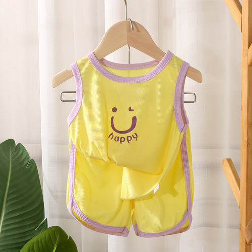 Children's Summer Quick-Dry V-Neck Suit Set Ice Silk Clothing Boy Girl Two-Piece Set Factory Wholesale