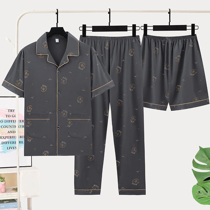 Pajamas de tres piezas de algodón para hombres, pantalones de manga corta de verano, ropa de casa, pantalones cortos delgados, ropa exterior suelta y tamaño grande.