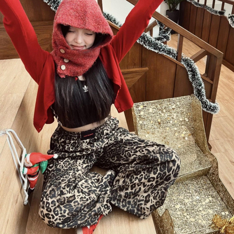 韓国 BADBLOOD ヒョウ柄アメリカンレトロホットガールルーズカジュアルパンツ刺繍ジャズストリートダンスワイドレッグパンツ女性用|undefined