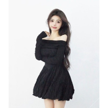黑色一字肩长袖连衣裙女春夏高腰公主蓬蓬裙小黑裙a字茶歇短裙子