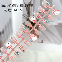 30片穿戴美甲格紋KT貓可愛卡通百搭款可拆卸成品美甲貼片