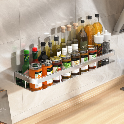 Kitchen and bathroom stainless steel traceless shelf seasoning rack no punching seasoning storage rack wall hanging rod storage rack