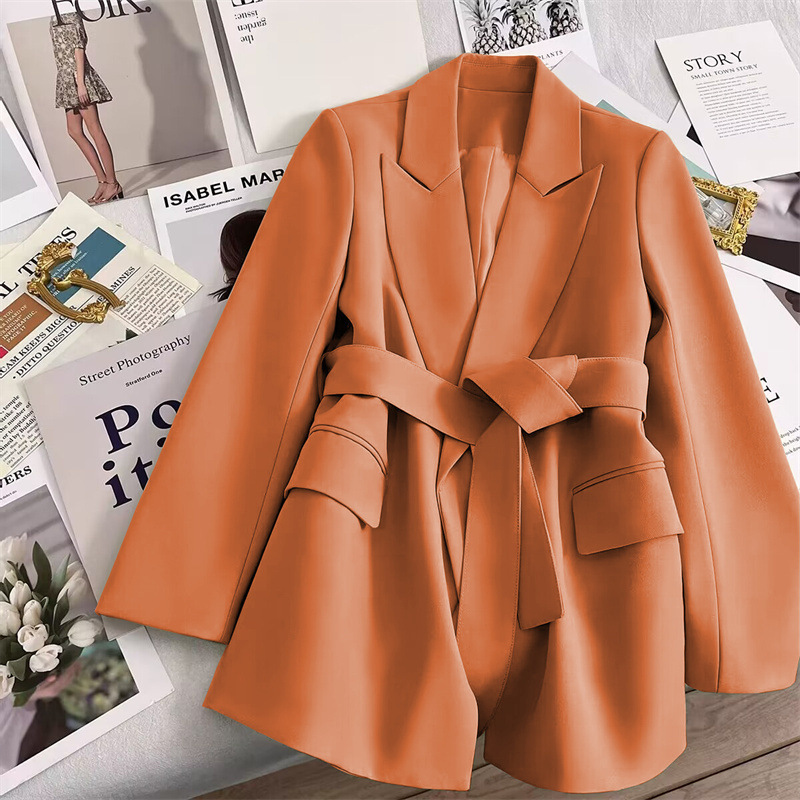2026 Spring and Autumn New Korean Style Women's Blazer in Orange with Belt, Slim Fit, Elegant and Fashionable Small Suit Jacket