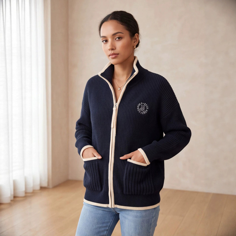 Foreign trade factory European and American style women's clothing, color-blocked trim stand-up collar sweater jacket, navy blue embroidered chunky knit cardigan