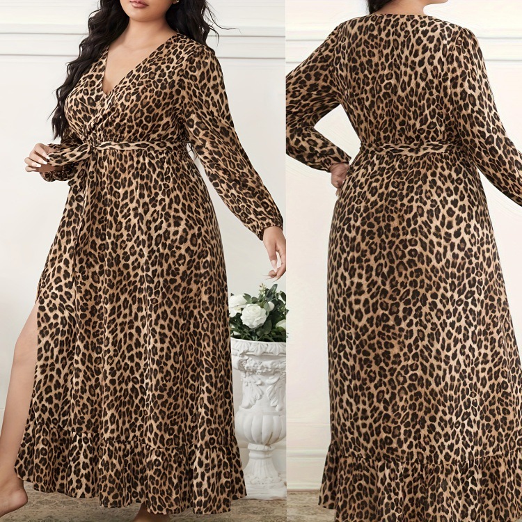 In the spring of 2025, cross-border independent station cross-border European and American fashion trend leopard print slit long sleeve dress women's clothing