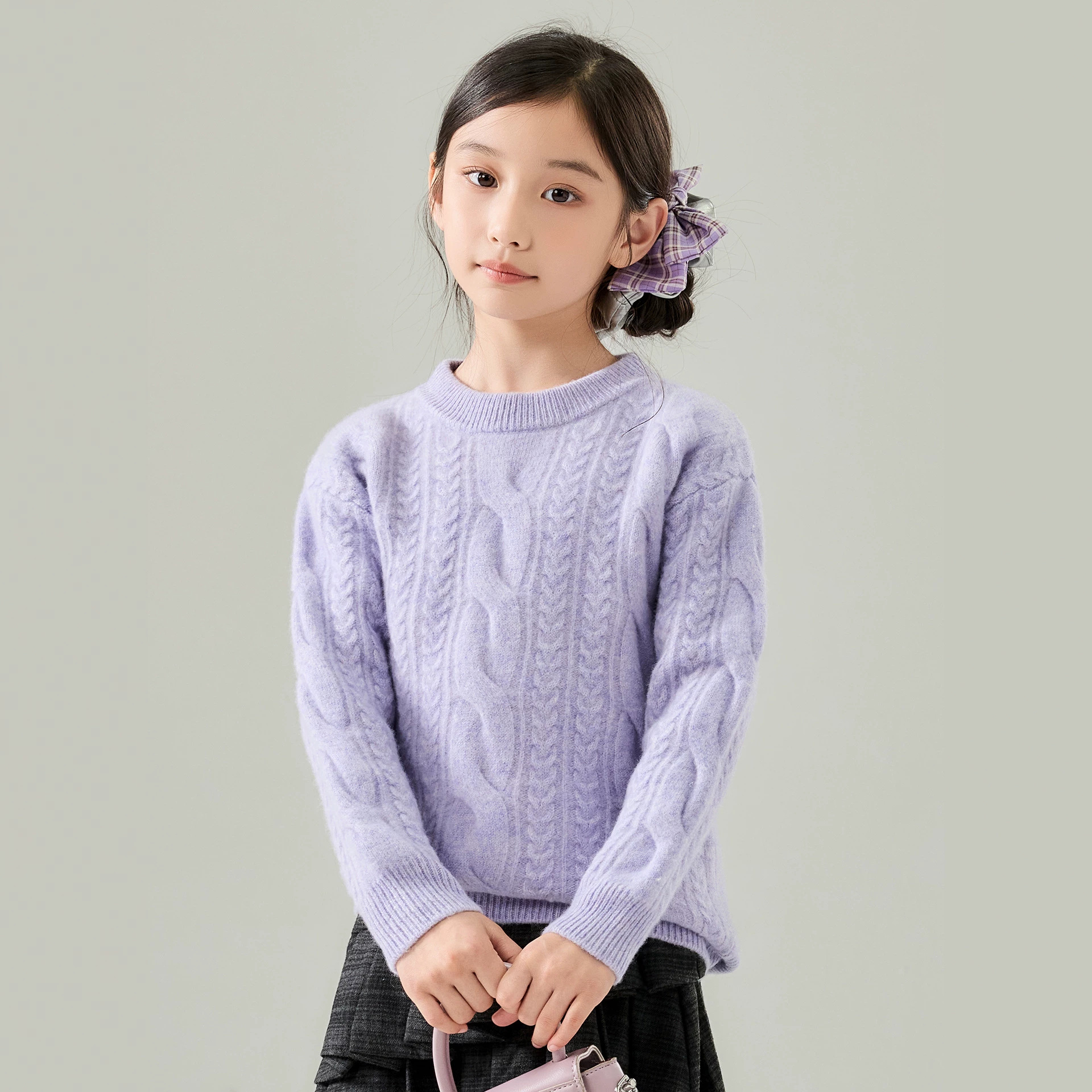 100% Pure Wool Children's Sweater, Boys' and Girls' Autumn and Winter Half-High Round Neck Cable Knit Thick Casual Base Layer Sweater