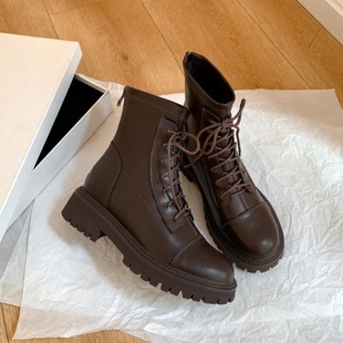 Genuine Leather Boots for Women 2024 New Autumn and Winter Fleece-Lined British Thick-Soled Boots with Inner Heightening Short Boots for Autumn and Winter with Inner Heightening