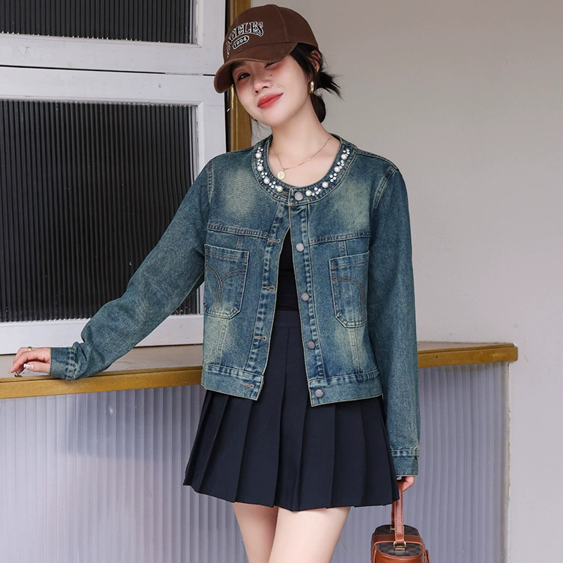 Denim autumn retro jacket, 2024 years, simple cut