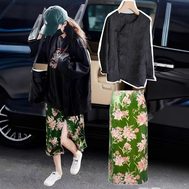 In-Stock New Chinese-Style Women's Clothing, Yang Mi's Same Style Black Shirt Jacket, Green Velvet Jacquard Slit Skirt