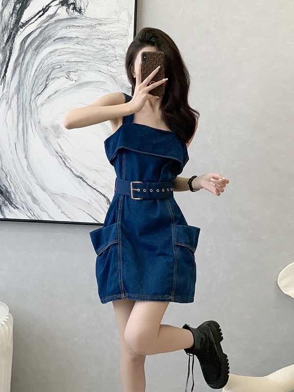 リアルショット在庫あり夏の新しいデニムドレスサスペンダースカートショートスカートオフショルダーウエストハイウエスト香港スタイルレトロ|undefined