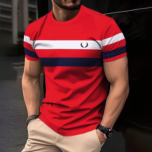 Minimalist Geometric Color-block Striped 3D Print Men's High Street Summer Loose Mesh Breathable Crew Neck T-shirt
