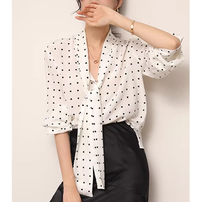 Silk Ribbon Collar Long-Sleeve French Polka Dot Shirt for Women, 2026 Summer New Fashion Casual Elegant Top