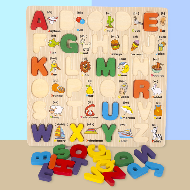 Niños mayúsculas y minúsculas letras inglesas tablero de agarre de madera 1-6 juguetes educativos de educación temprana cognitiva de aprendizaje del bebé al por mayor