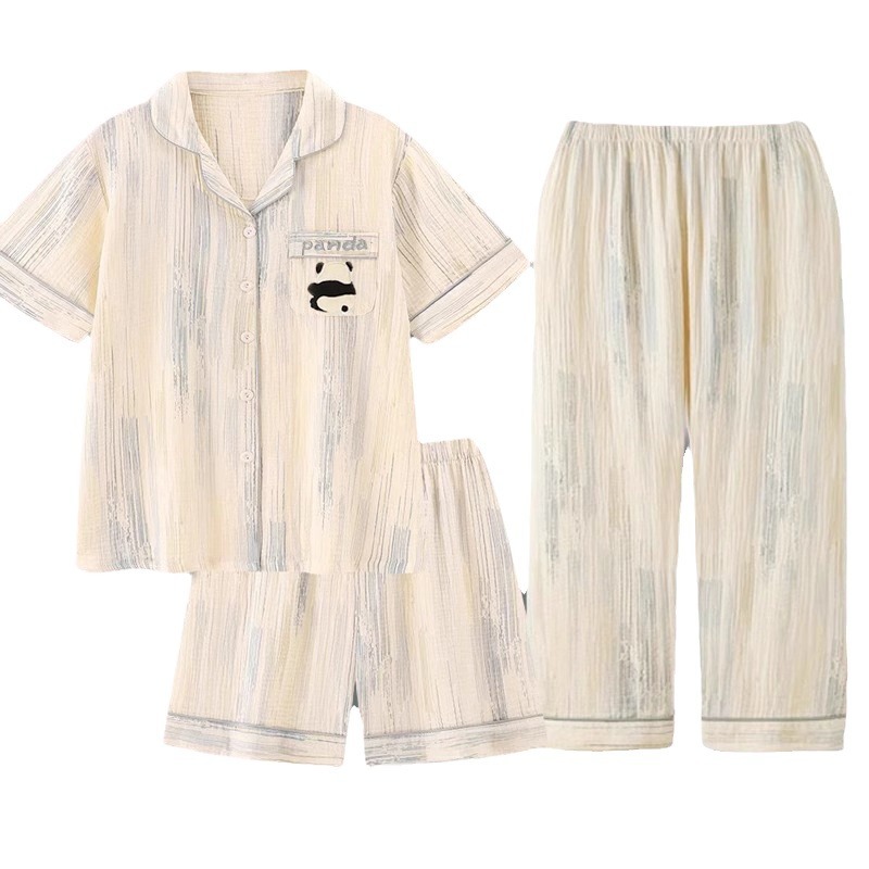 2024 nuevo pijama de pareja mujer algodón de verano de manga corta tres piezas set japonés panda hombre ropa de hogar de verano