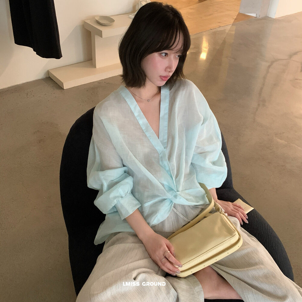 Áo sơ mi nữ dài tay cổ V chất liệu ramie thoáng mát, thiết kế nút thắt phía trước, form rộng — Xanh nước biển, màu hồng, màu cam