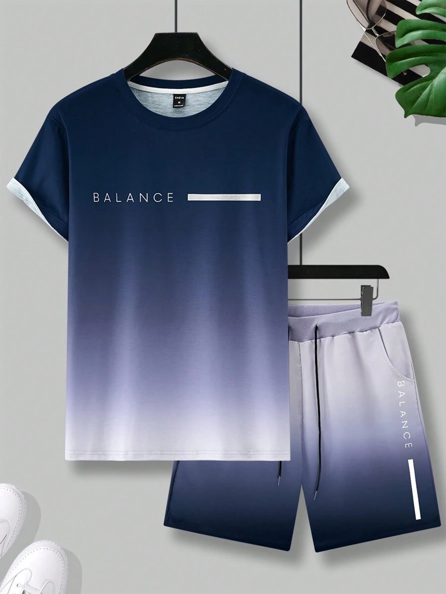 Lema de letras de color degradado estampado 3D traje de hombre camiseta traje deportivo de hombre cuello redondo pantalones cortos con cordón de manga corta