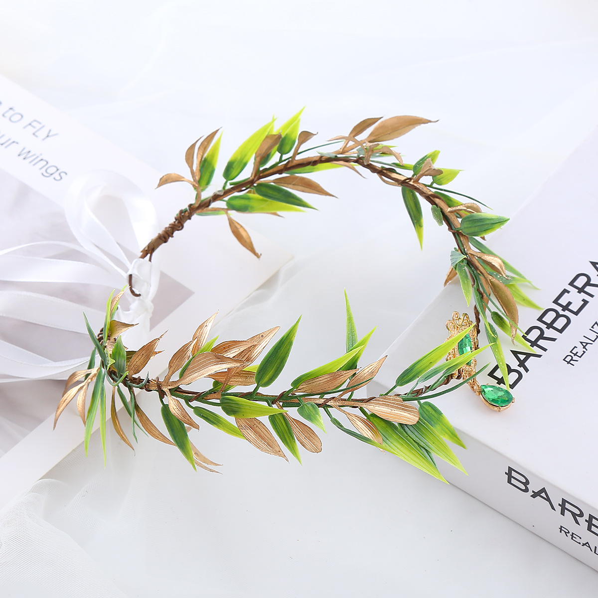 Barroco retro mori elegante verde diadema tocado elfo hoja de oro fruta verde frente colgante elfo banda de pelo