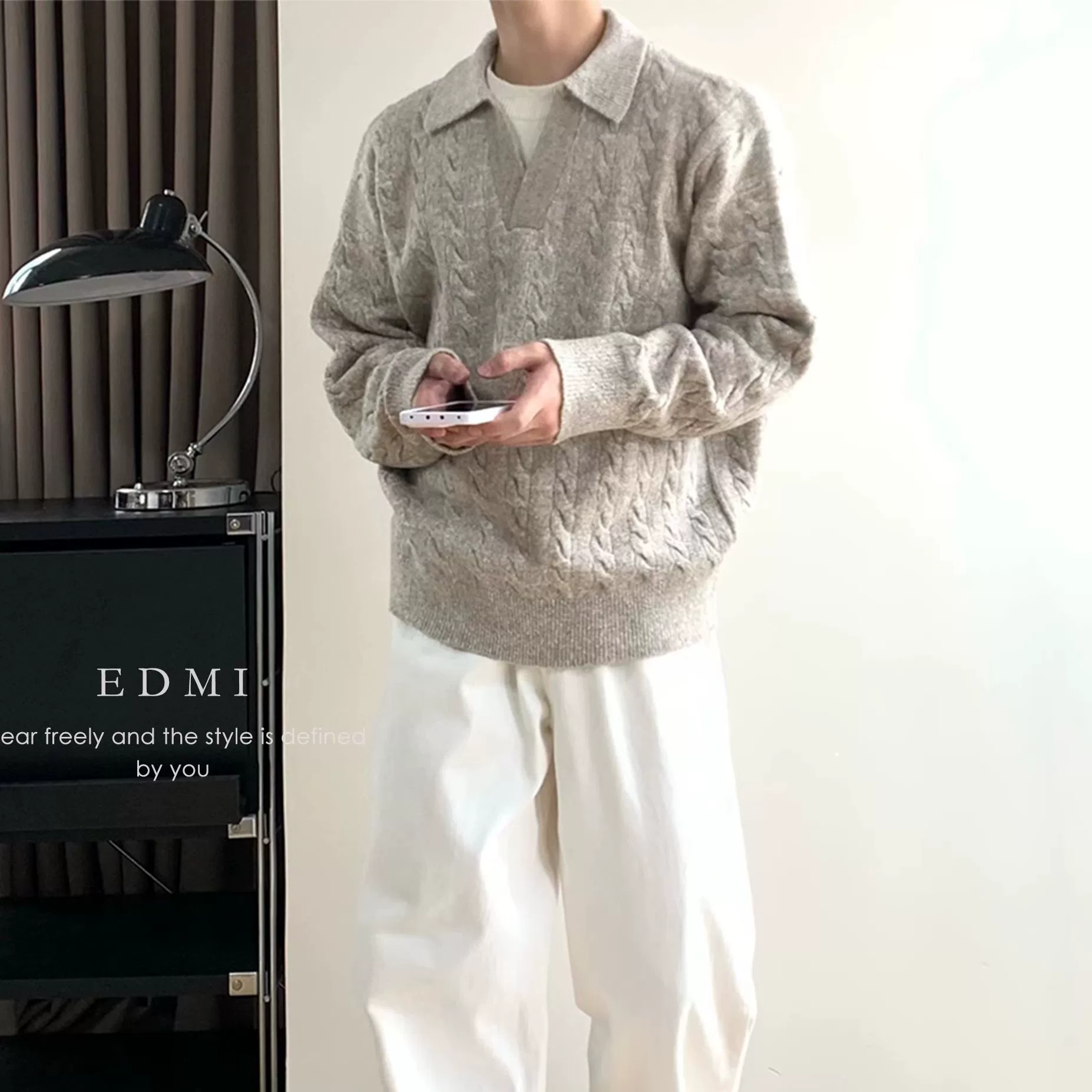 Корейская версия поддельного двухкусчатого свитера с отворотом свитер мужской весенний и осенний новый свободный сплошной повседневный топ с длинными рукавами