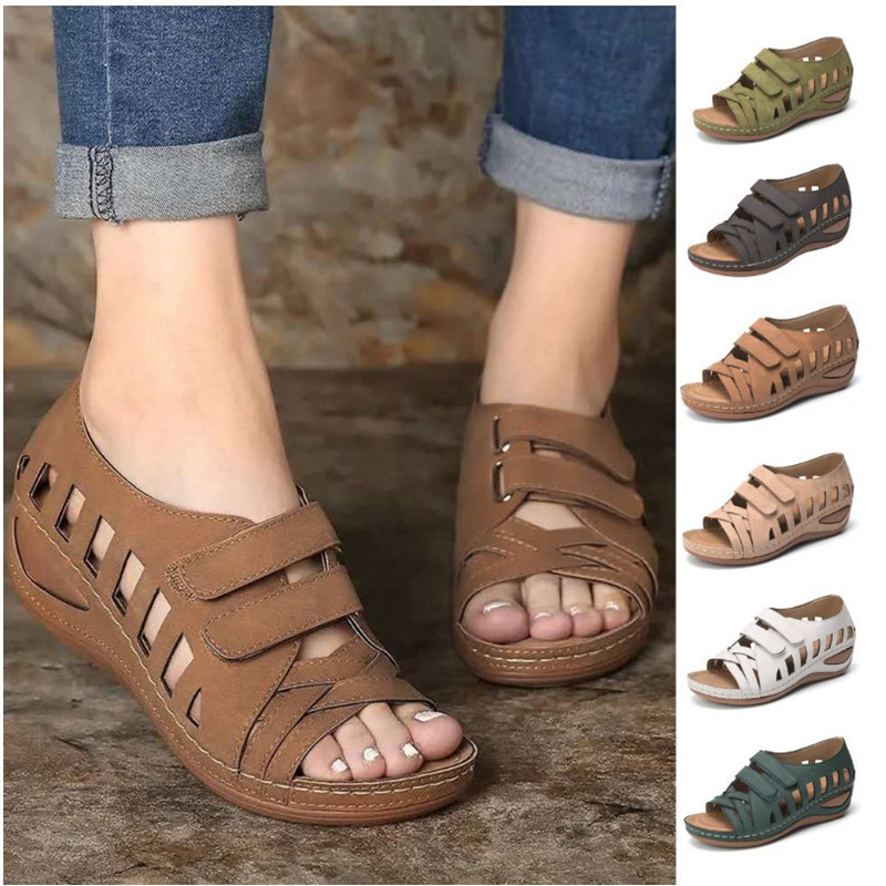 Summer solid color brown low retro high heels wedge heel