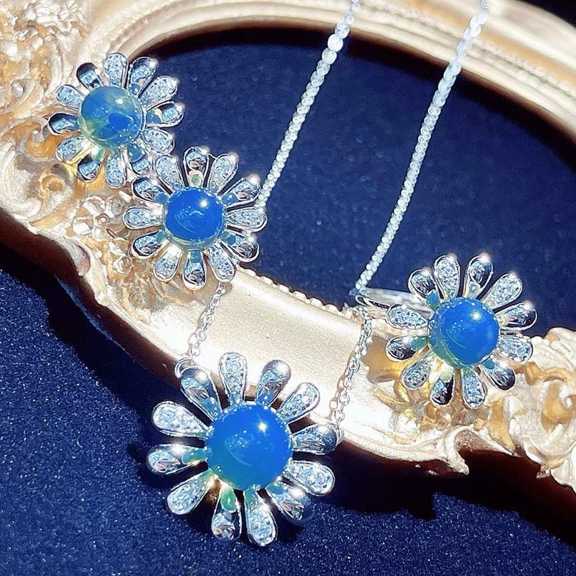 6-7-8mm Мексика Blue Paper Seiko Инкрустация S925 Серебряный набор ювелирных изделий Маленькая маргаритка простой атмосферный