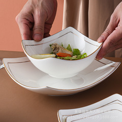 野菜の金の縁のサラダの碗の陶磁器の四角形の碗の家庭用の料理の深いスープの皿の正方形の深い皿の深い皿の料理の皿