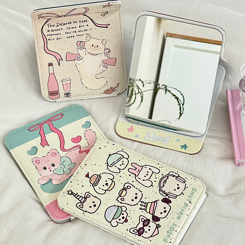 Lindo gatito espejo plegable estudiante de alto valor portátil plegable dormitorio escritorio HD espejo de maquillaje espejo de tocador