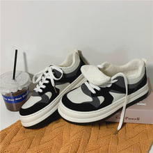 2021冬季拼色厚底棉鞋女平跟休闲低帮大头女鞋韩版丑萌加绒板鞋子