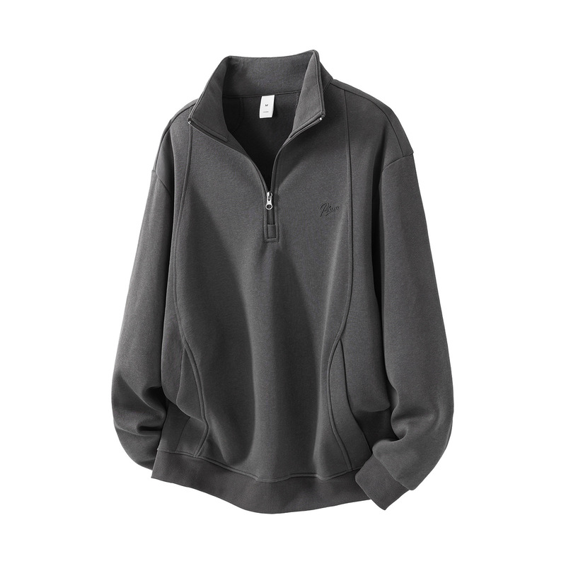 Embroidered Fleece Zip-Up Stand Collar Sweatshirt in Dark Gray, Coffee, and Black Colors, Available in Stock, with Lettering, All-Season Cotton Pullover Embroidered Fleece Zip-Up Stand Collar Sweatshirt in Dark Gray, Coffee, and Black Colors, Available in Stock, with Lettering, All-Season Cotton Pullover