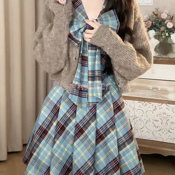 Suit for Women in Preppy Style, Sweet Bow-Knot Plaid Dress, Knitted Cardigan Jacket, 2026 Spring Two-Piece Set