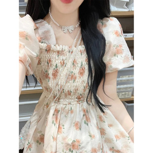 French Square Neck Floral Dress for Women 2025 Summer New Style Petite Elegant Waist Puff Sleeve Fairy Long Dress
