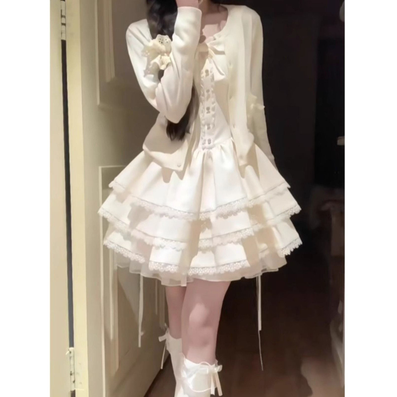 法式甜美独特超好看开衫外套蓬蓬蛋糕连衣裙两件套小个子秋秋穿搭|undefined
