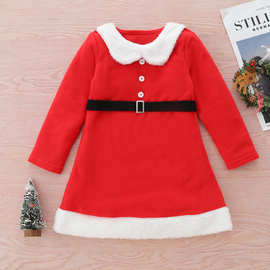 跨境童装2022冬季新款圣诞女童款娃娃领摇粒绒长袖连衣裙外贸批发