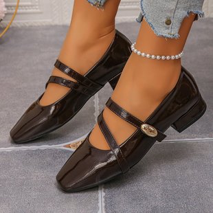 Mary Jane High Heels for Women, Chunky Heel, Square Toe, Black Leather Shoes, 2025 Spring and Autumn, Paired with Skirts, Single Strap Shallow Mouth Pumps